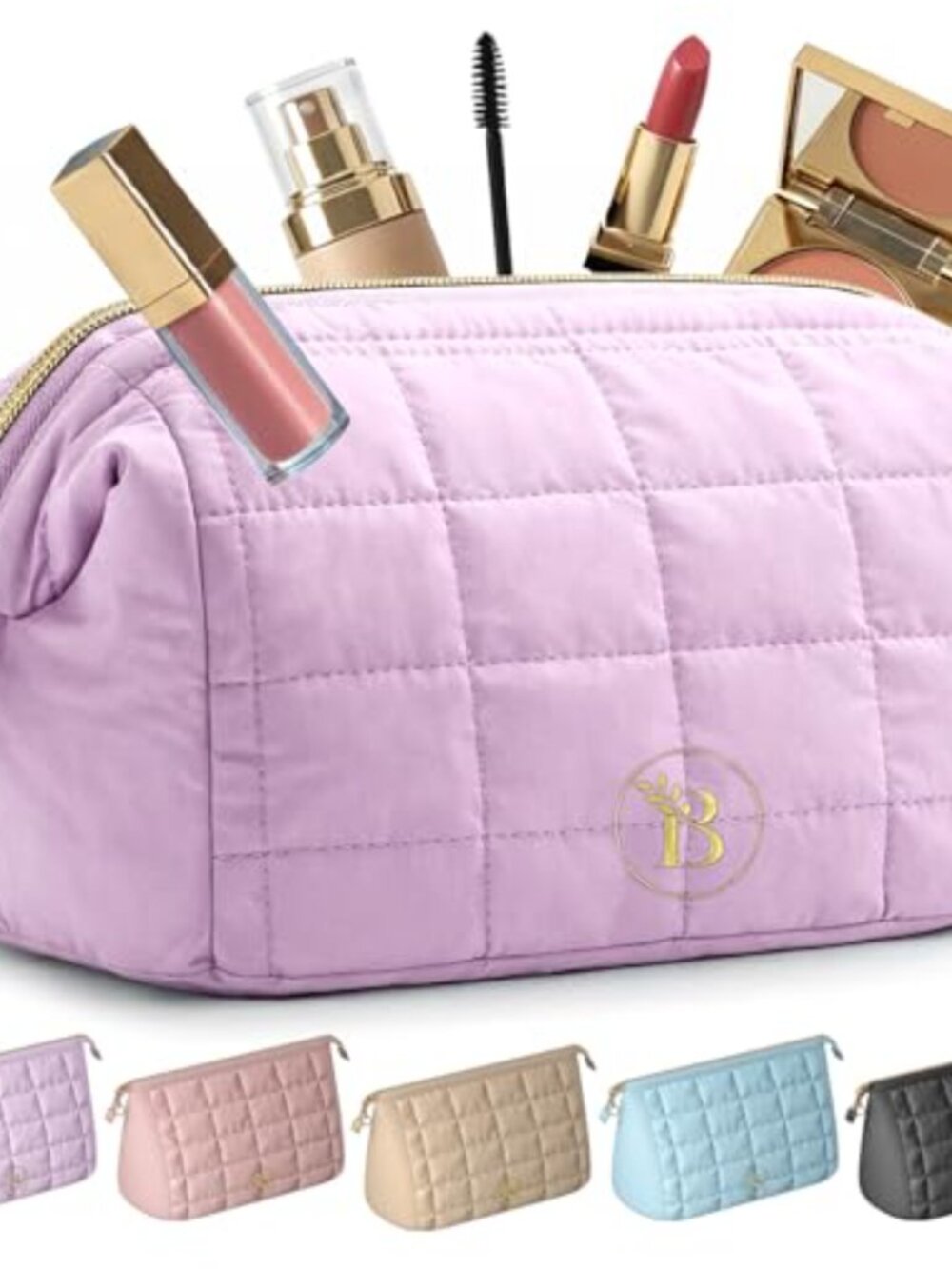 Quilted Nylon Travel Makeup Bag Zipper Pouch 3 Pockets
